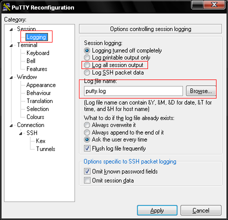 Logging session in Putty